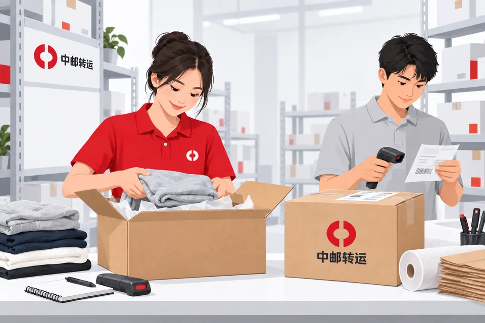 中邮转运品牌插画:仓库工作人员开箱核对衣物,并核对包裹标签与记录