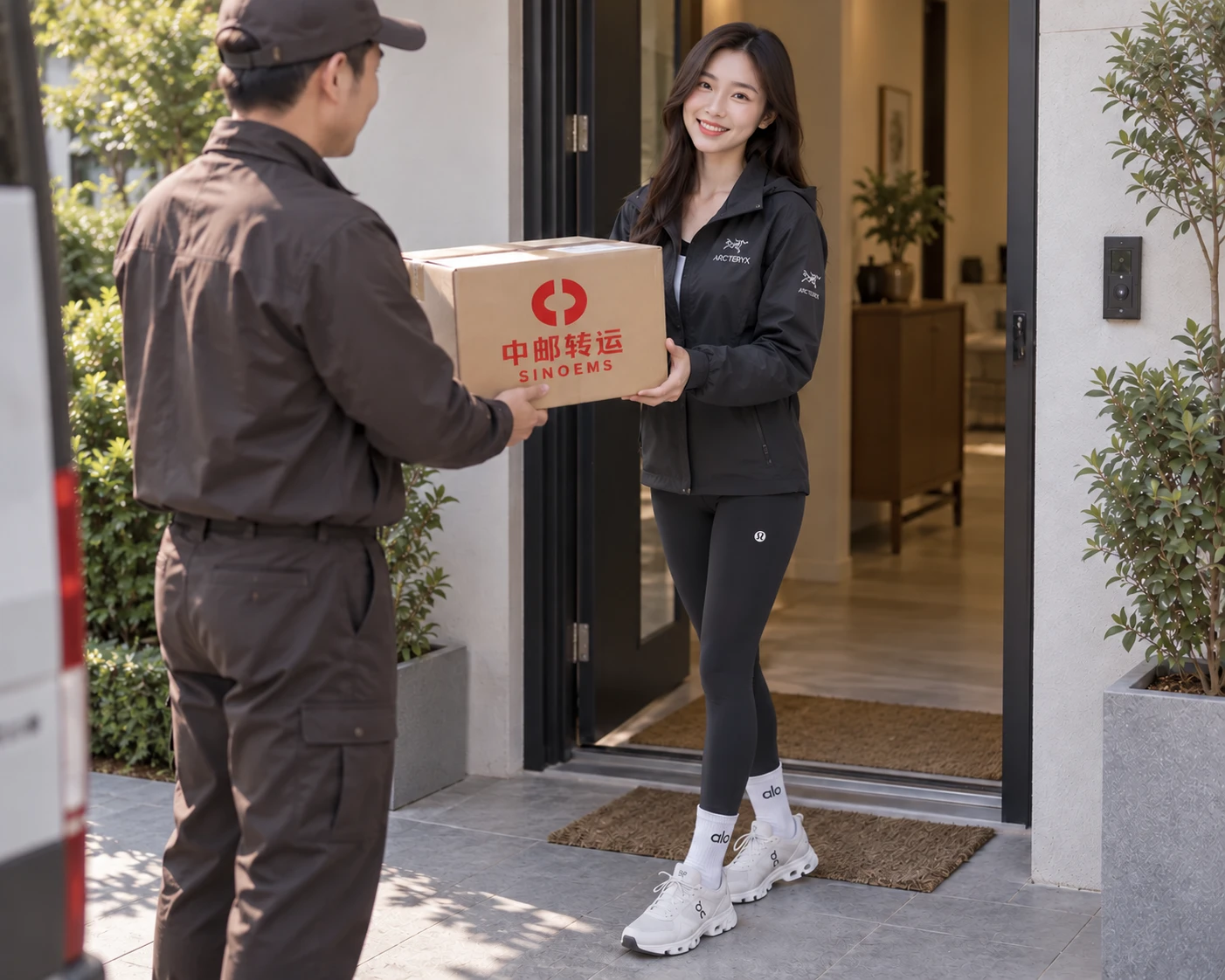 收件人在家门口接收中邮转运包裹的品牌场景图